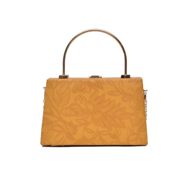 The Floral Pattern Clutch features delicate floral embossing on a sleek, structured frame