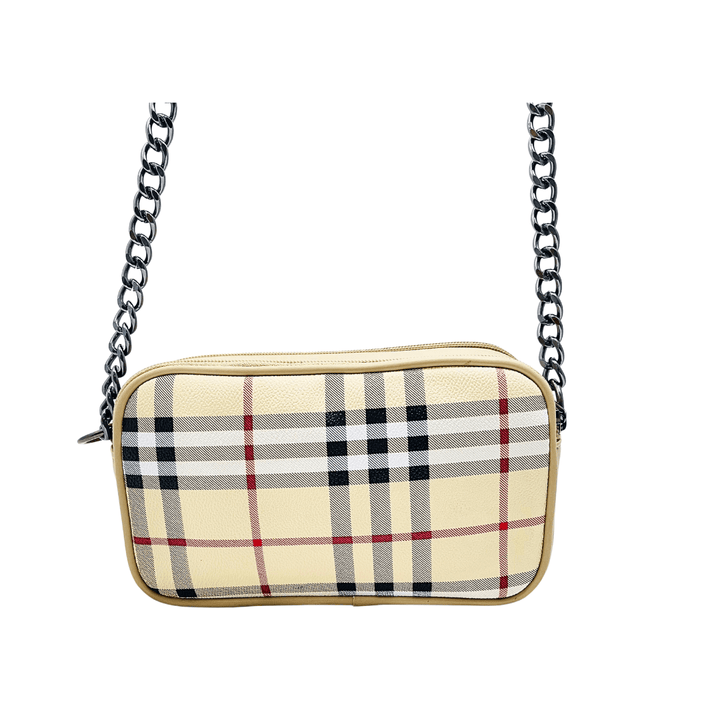 Luxury inspired Antaaj crossbody bag with faux feather material, long chain strap, and dual zipper compartments.