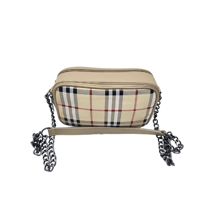 Luxury inspired Antaaj crossbody bag with faux feather material, long chain strap, and dual zipper compartments.