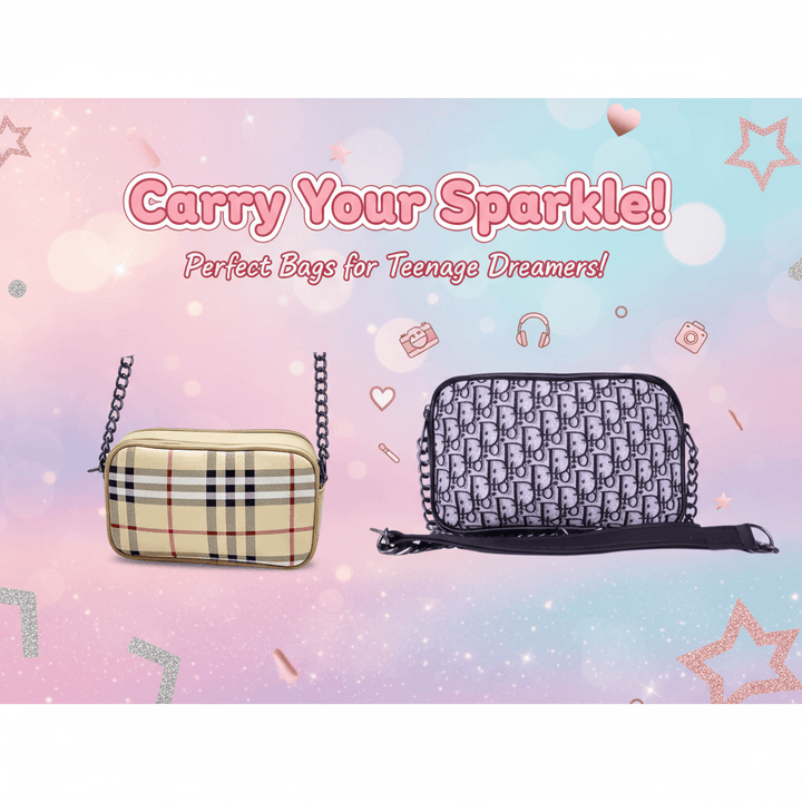 Luxury inspired Antaaj crossbody bag with faux feather material, long chain strap, and dual zipper compartments.