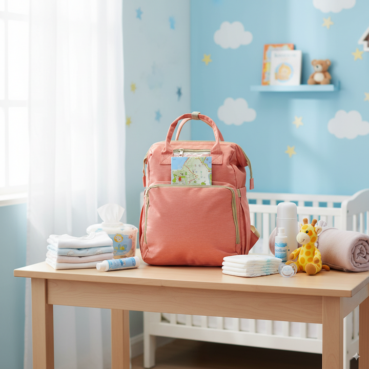 Highly organized Antaaj diaper backpack with multiple compartments, bottle holders and back access zipper.