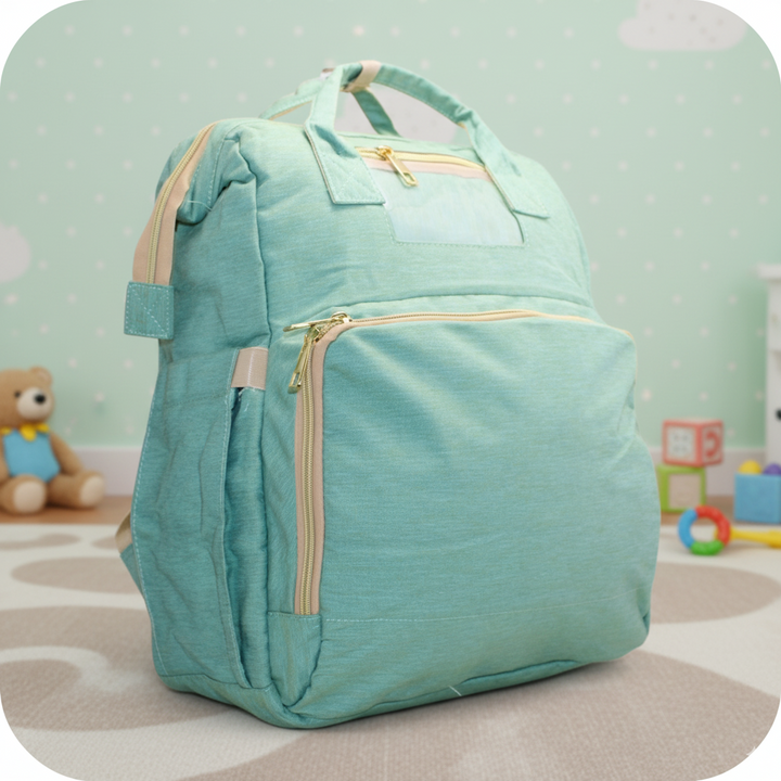 Highly organized Antaaj diaper backpack with multiple compartments, bottle holders and back access zipper.