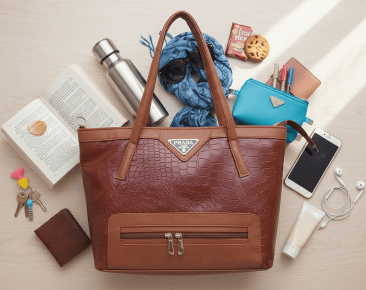 Women's elegant tote bag in textured faux leather with shoulder strap and organized interior