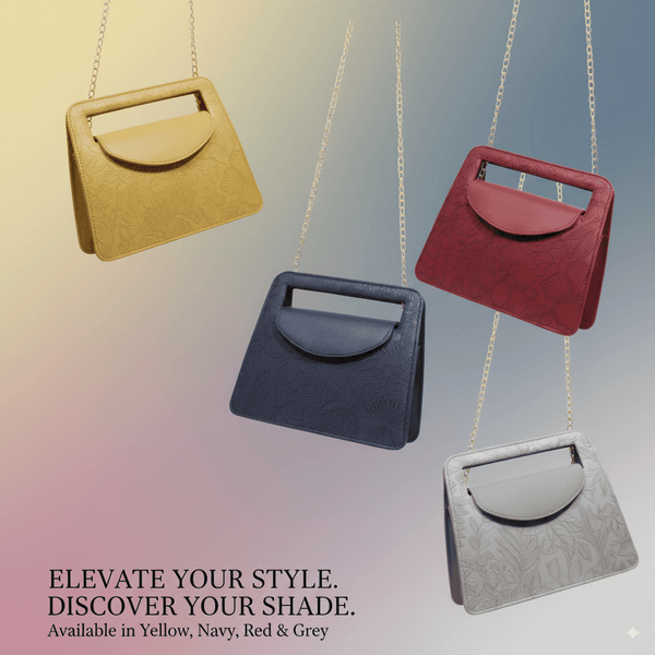 Elegant Antaaj faux leather shoulder bag with a delicate imposed floral design and a chic gold-tone chain strap.