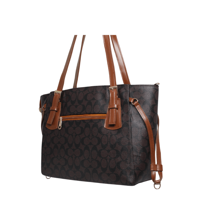 Elegant Antaaj printed tote bag with shoulder straps and multiple zipper compartments.
