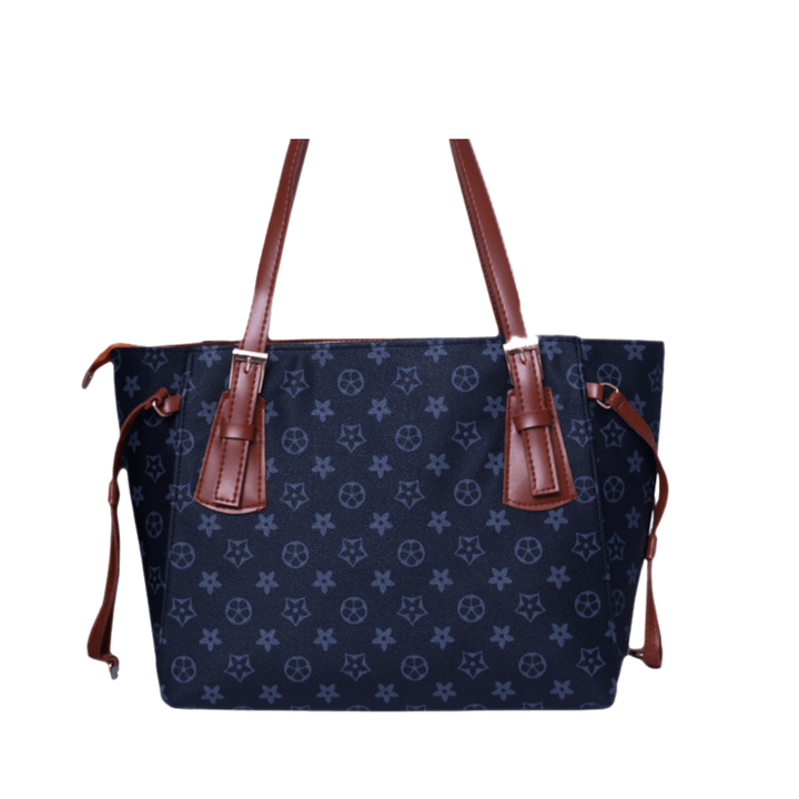 Elegant Antaaj printed tote bag with shoulder straps and multiple zipper compartments.

