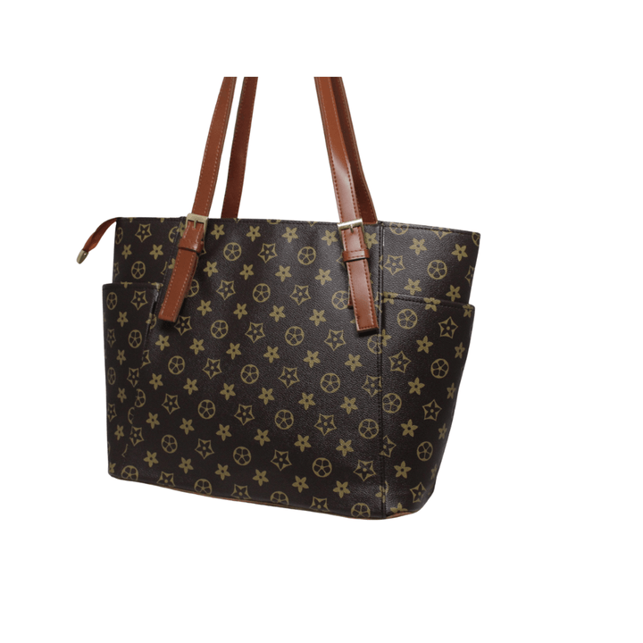 Elegant Antaaj printed tote bag with shoulder straps and multiple zipper compartments.

