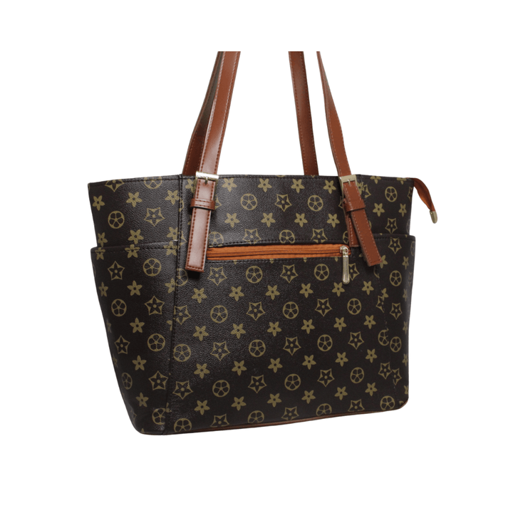 Elegant Antaaj printed tote bag with shoulder straps and multiple zipper compartments.
