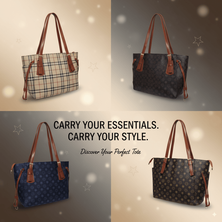 Elegant Antaaj printed tote bag with shoulder straps and multiple zipper compartments.
