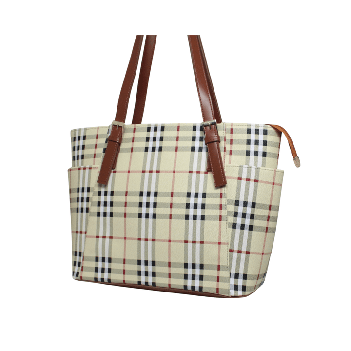 Elegant Antaaj printed tote bag with shoulder straps and multiple zipper compartments.
