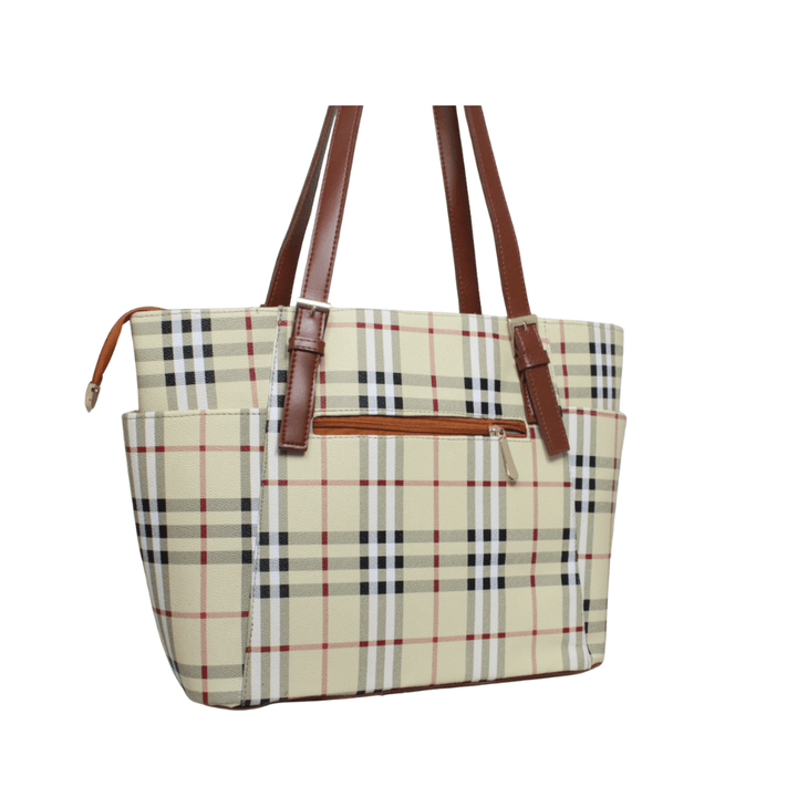 Elegant Antaaj printed tote bag with shoulder straps and multiple zipper compartments.
