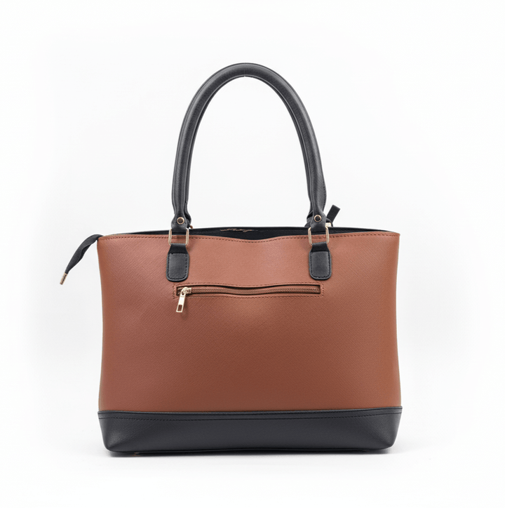 Elegant Antaaj executive tote bag in smooth faux leather with multiple zip pockets including center compartment and front access.