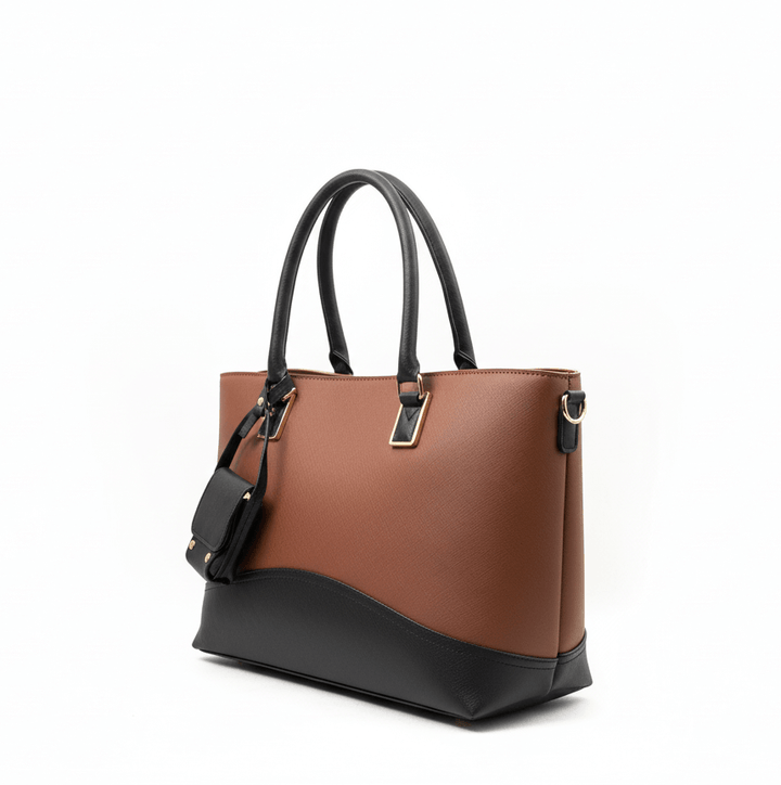 Elegant Antaaj executive tote bag in smooth faux leather with multiple zip pockets including center compartment and front access.