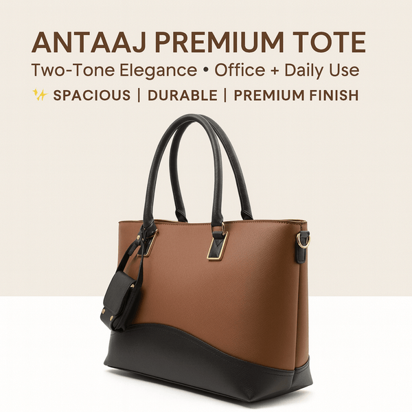 Elegant Antaaj executive tote bag in smooth faux leather with multiple zip pockets including center compartment and front access.