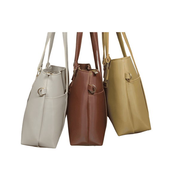 Modern Antaaj smooth tote bag with long strap, zip closure, and multiple organizational pockets.