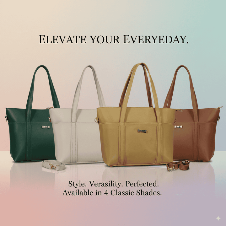 Modern Antaaj smooth tote bag with long strap, zip closure, and multiple organizational pockets.