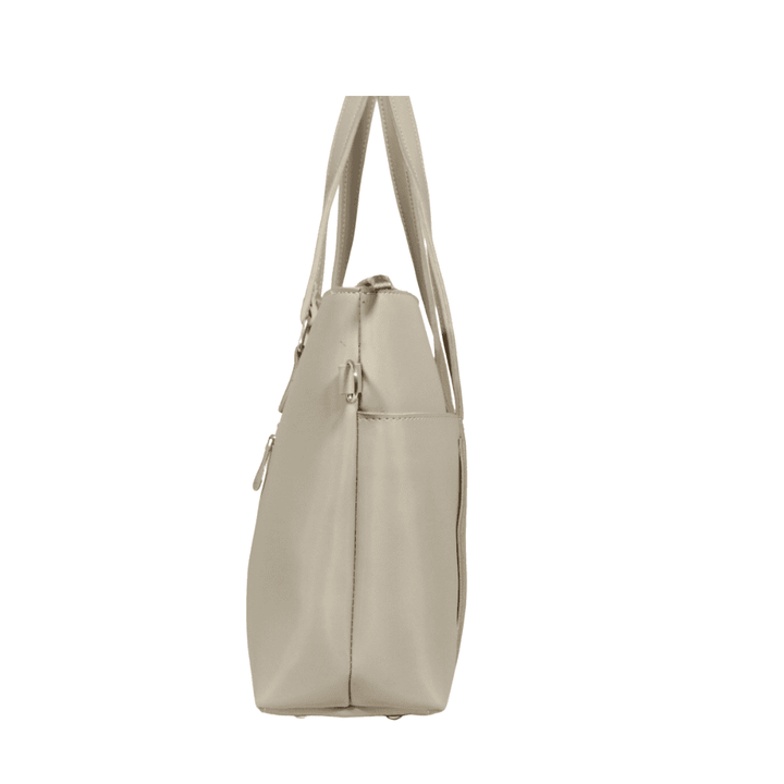 Modern Antaaj smooth tote bag with long strap, zip closure, and multiple organizational pockets.