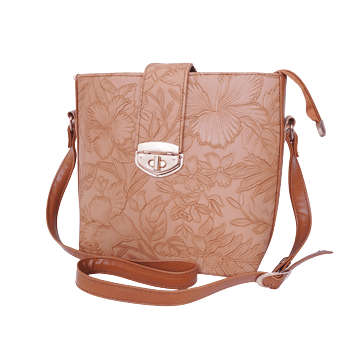 Modern Antaaj crossbody bag with floral print, long strap, metal twist lock closure, and back slip pocket.