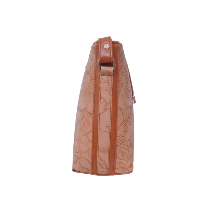 Modern Antaaj crossbody bag with floral print, long strap, metal twist lock closure, and back slip pocket.