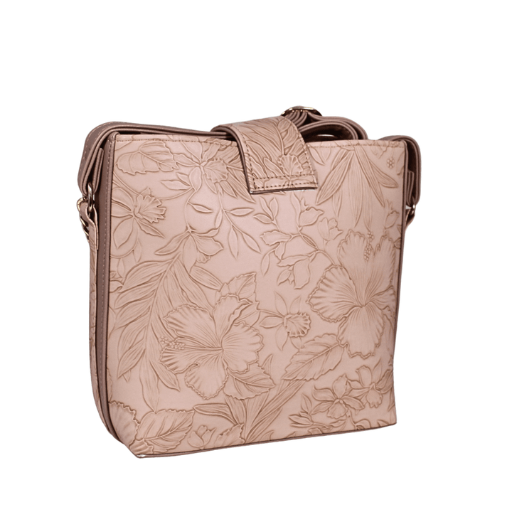 Modern Antaaj crossbody bag with floral print, long strap, metal twist lock closure, and back slip pocket.