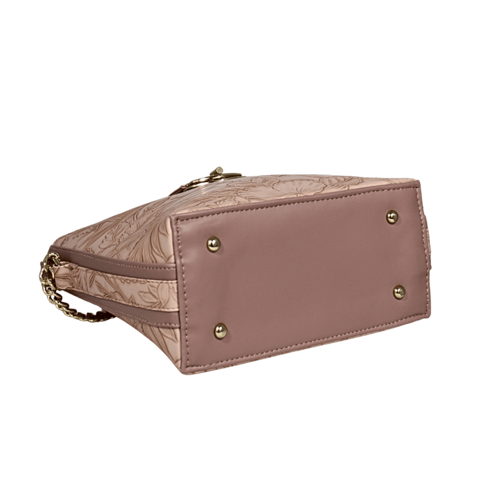 Modern Antaaj crossbody bag with floral print, long strap, metal twist lock closure, and back slip pocket.