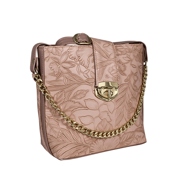 Modern Antaaj crossbody bag with floral print, long strap, metal twist lock closure, and back slip pocket.