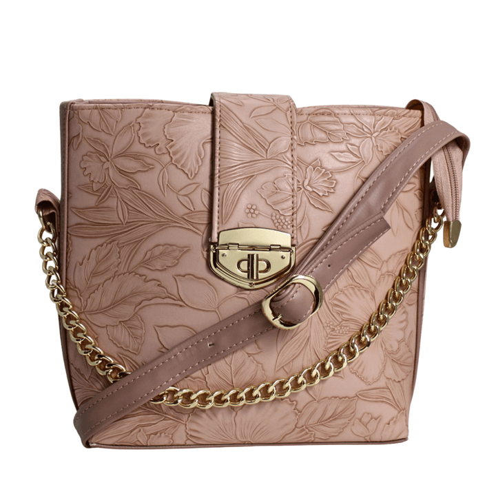 Modern Antaaj crossbody bag with floral print, long strap, metal twist lock closure, and back slip pocket.
