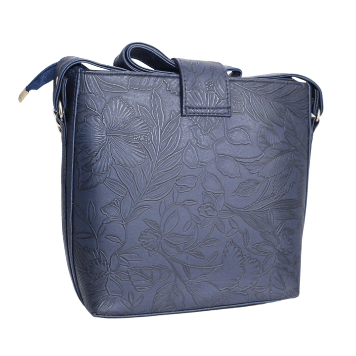Modern Antaaj crossbody bag with floral print, long strap, metal twist lock closure, and back slip pocket.