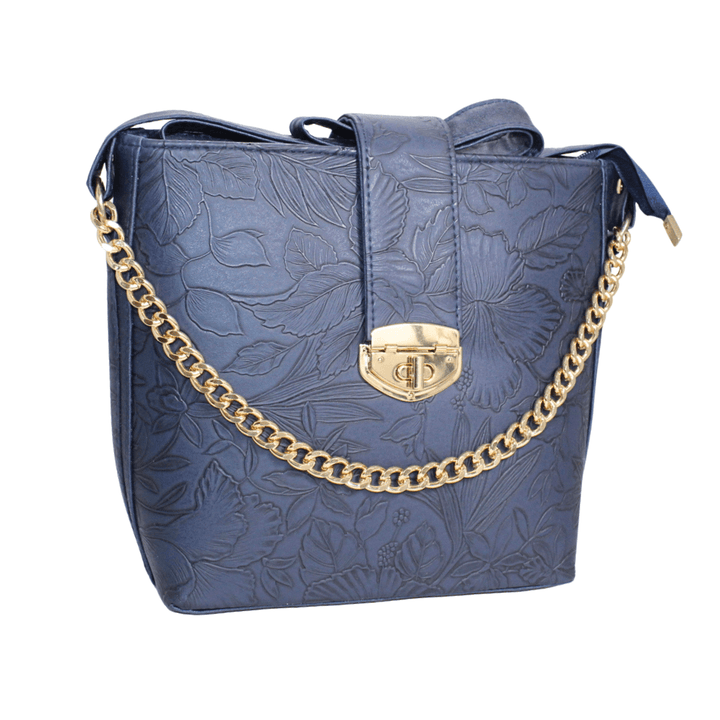 Modern Antaaj crossbody bag with floral print, long strap, metal twist lock closure, and back slip pocket.