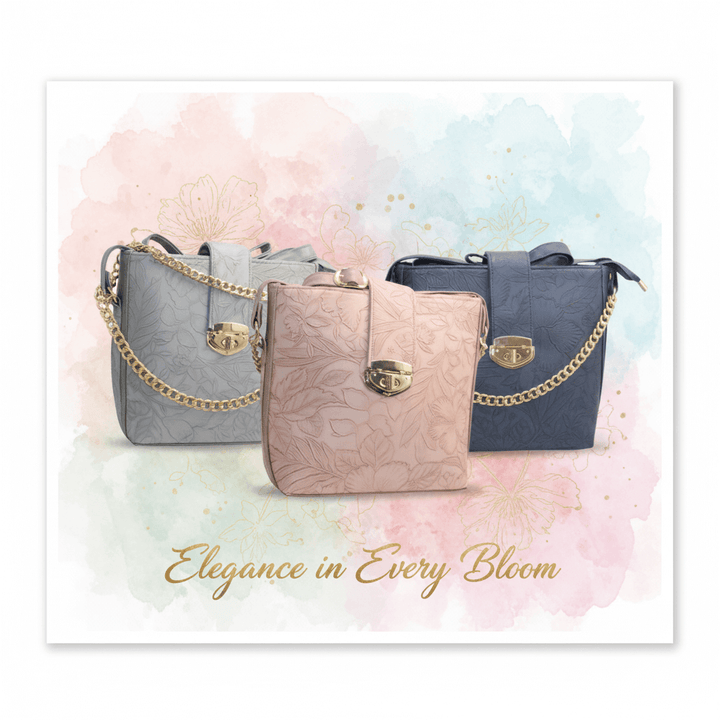 Modern Antaaj crossbody bag with floral print, long strap, metal twist lock closure, and back slip pocket.