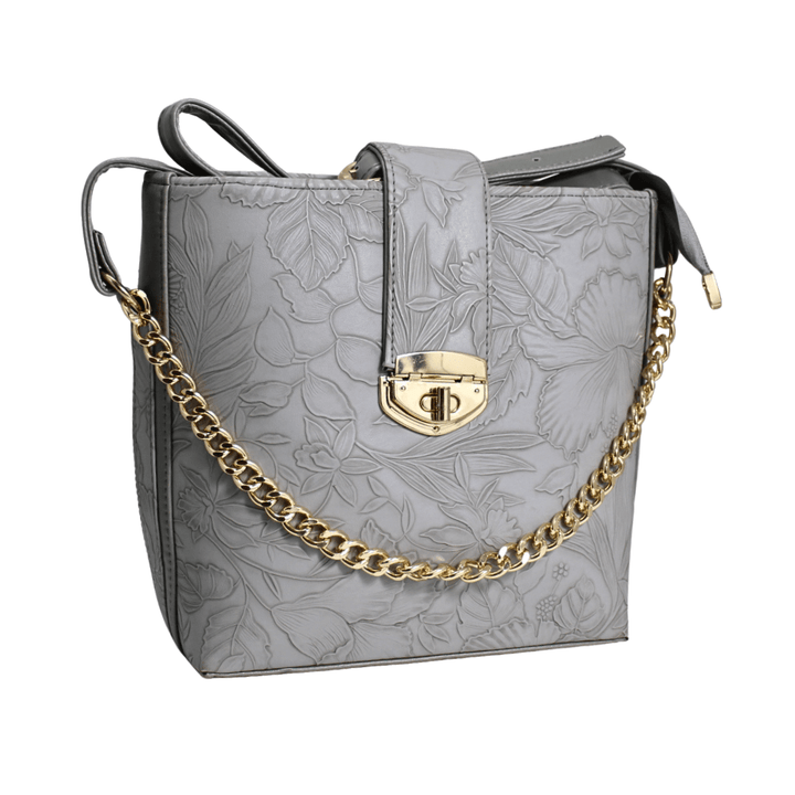 Modern Antaaj crossbody bag with floral print, long strap, metal twist lock closure, and back slip pocket.