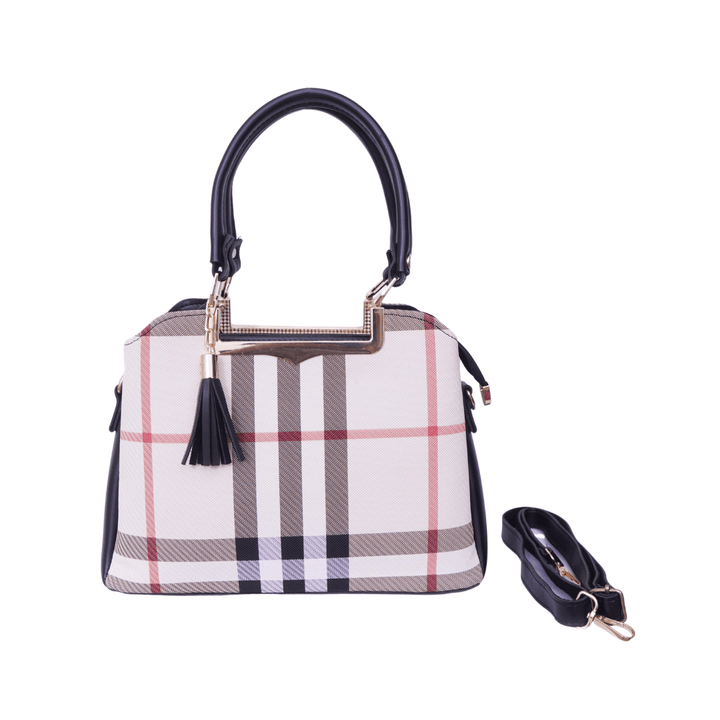 Modern Antaaj vintage check handbag with multiple compartments and long detachable strap.