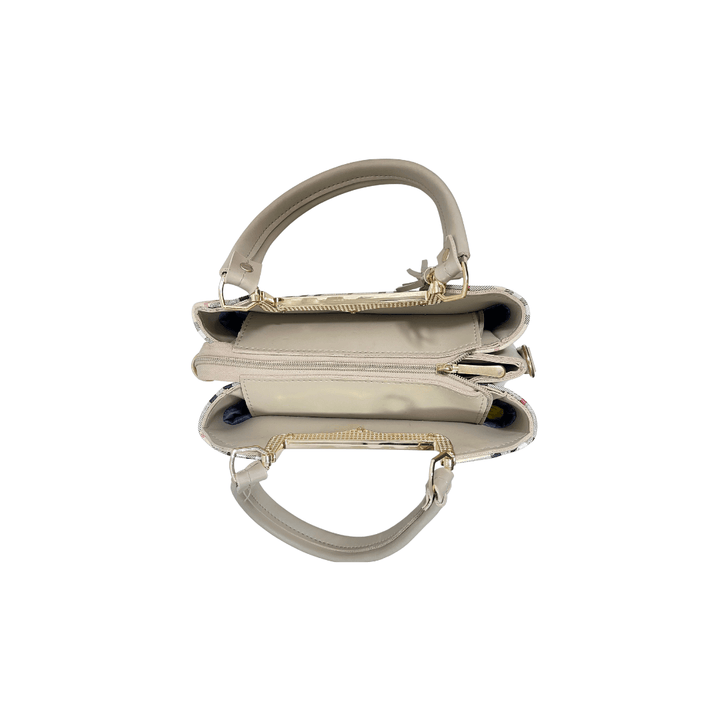 Modern Antaaj vintage check handbag with multiple compartments and long detachable strap.