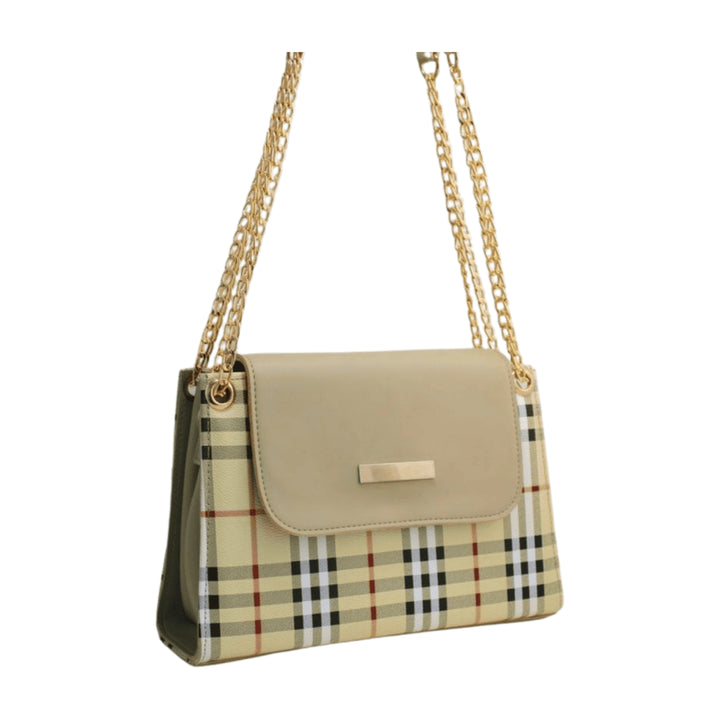 Elegant Antaaj plain faux leather crossbody bag with a long chain strap and magnetic flap closure.