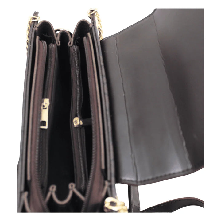 Elegant Antaaj plain faux leather crossbody bag with a long chain strap and magnetic flap closure.