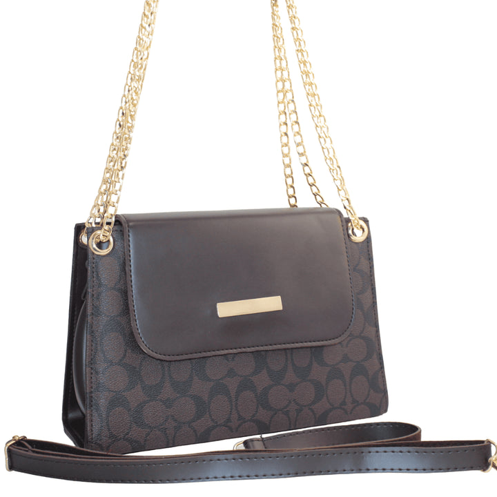 Elegant Antaaj plain faux leather crossbody bag with a long chain strap and magnetic flap closure.