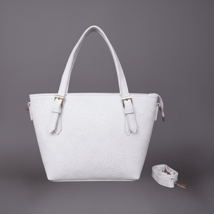 Elegant Antaaj textured shoulder bag with long strap, faux leather, and multiple internal zipper compartments.